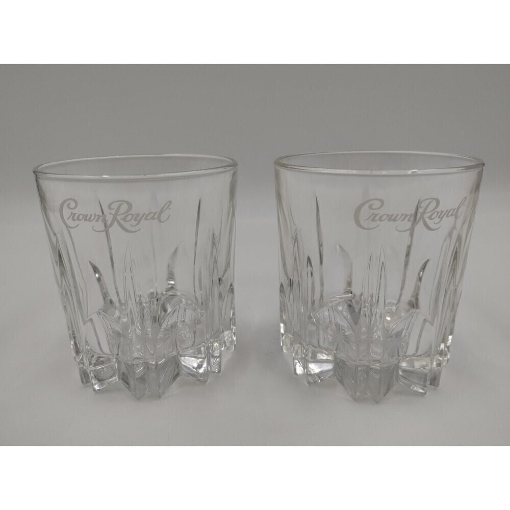LOT Of 2—CROWN ROYAL Starburst White Cursive Logo Rocks Glasses ITALY Vintage